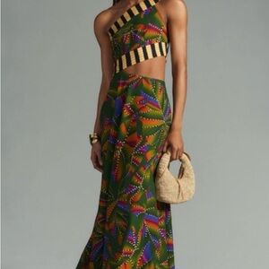 FARM Rio Green Multicolor One-Shoulder Two-Piece Dress
